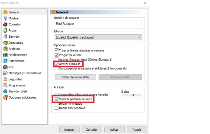 Emule Opciones General Emule Opciones General