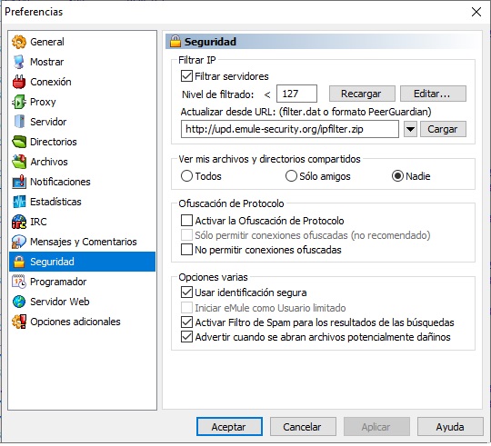 Emule Opciones seguridad Emule Opciones seguridad