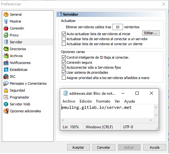 Emule Opciones servidores Emule Opciones servidores